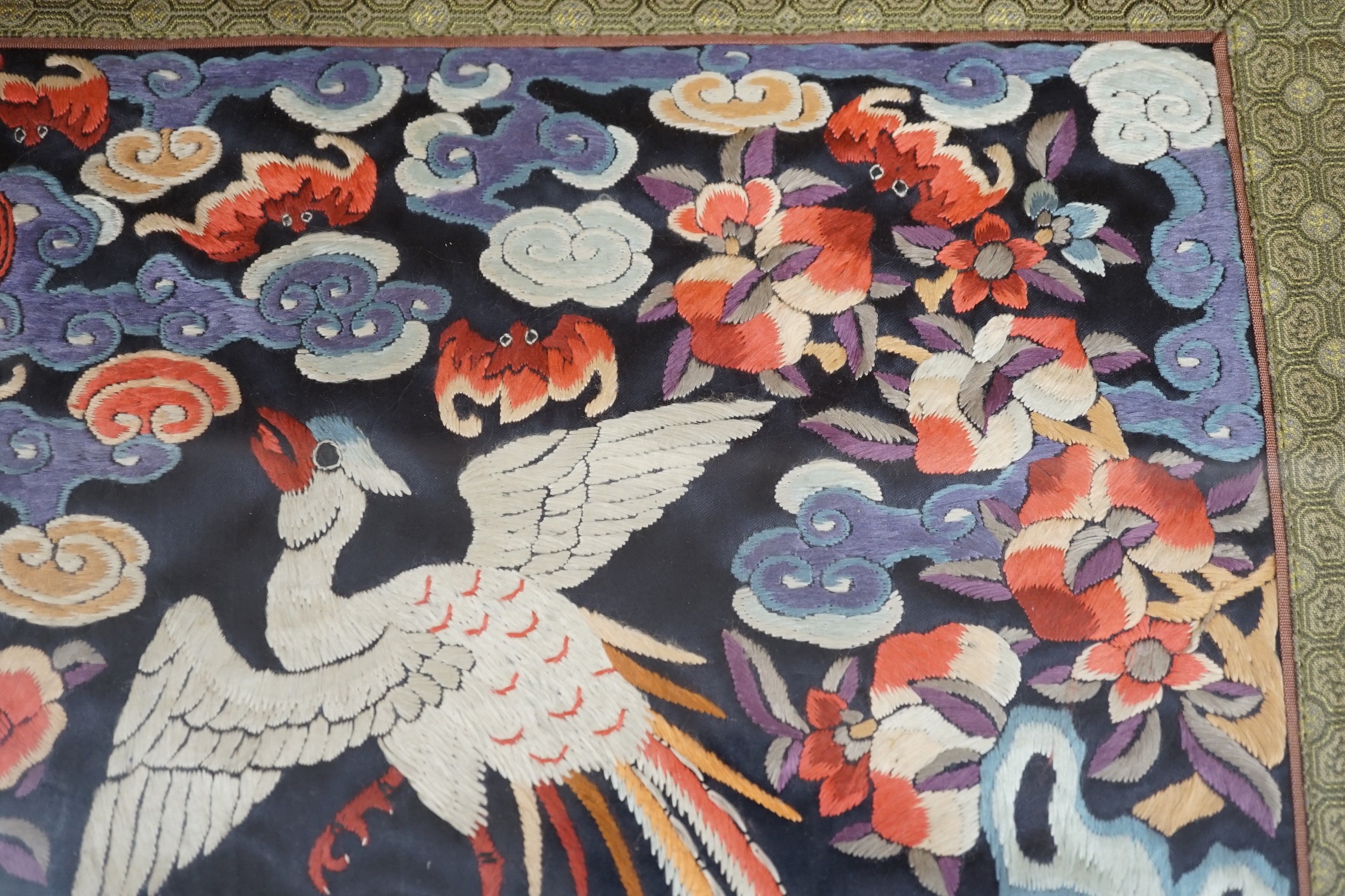 Two Chinese silk embroideries, one framed